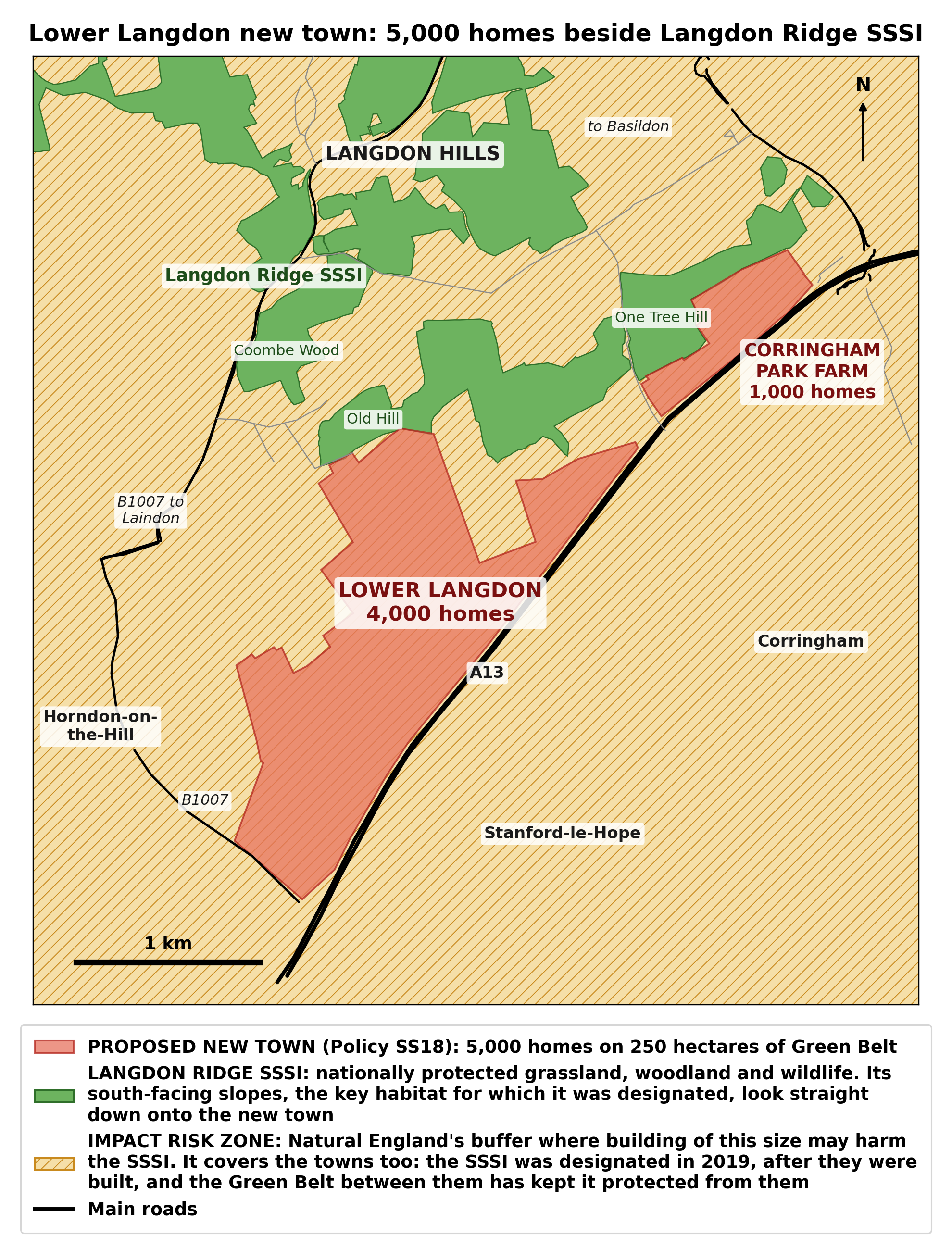 Campaign map showing Lower Langdon, 4,000 homes, and Corringham Park Farm, 1,000 homes, in red south of Langdon Ridge Site of Special Scientific Interest in green. The hatched area shows Natural England’s Impact Risk Zone. The full map legend is included.